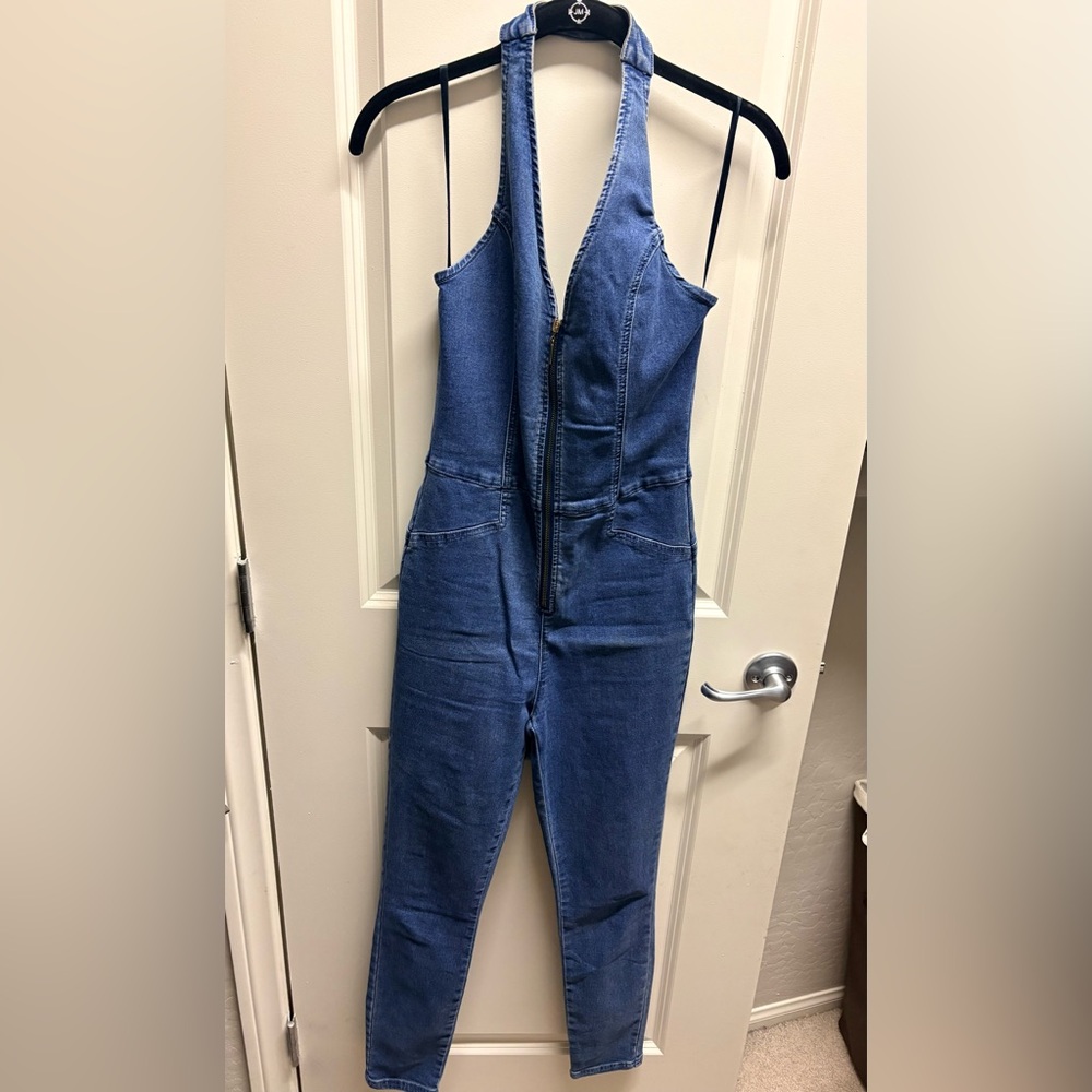Blue Denim Jumpsuit with Front Zipper